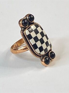Solid Copper Black Onyx Checkerboard Adjustable Ring Southwest Jewelry